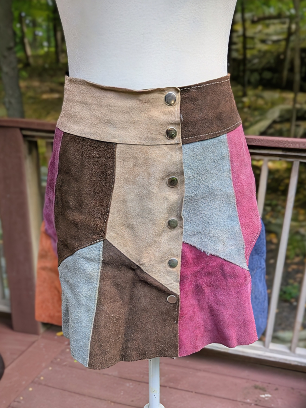 Vintage Patchwork Suede Mini Skirt - Brown, Pink, Blue, Tan